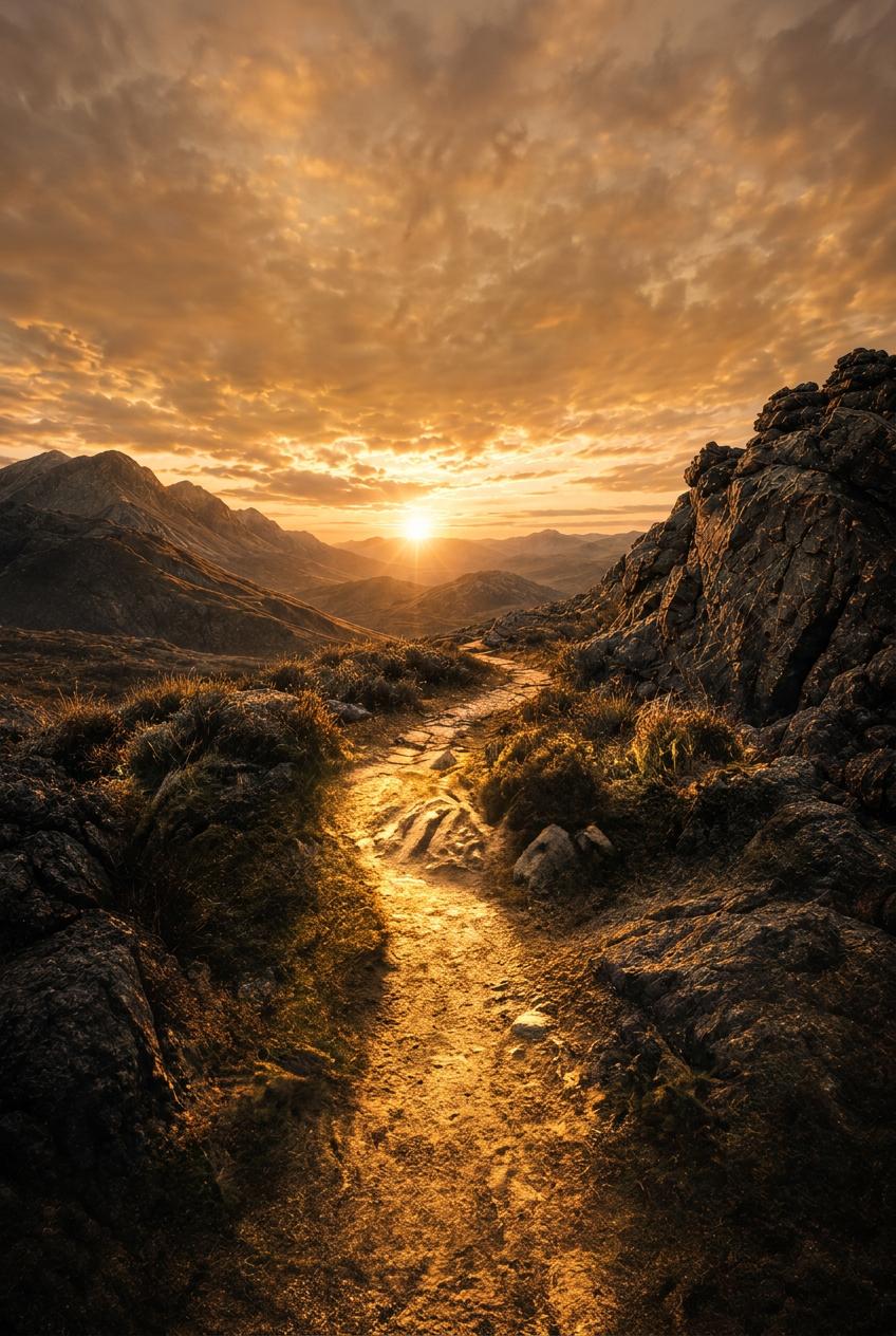 A mountain path leading toward a bright sunrise